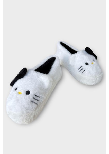 Kışlık Kadın Hellokitty Figürlü Kaydırmaz Taban Ev Ayakkabısı Panduf Beyaz - Siyah fırsatları