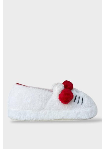 Kışlık Kadın Hellokitty Figürlü Kaydırmaz Taban Ev Ayakkabısı Panduf Beyaz - Kırmızı