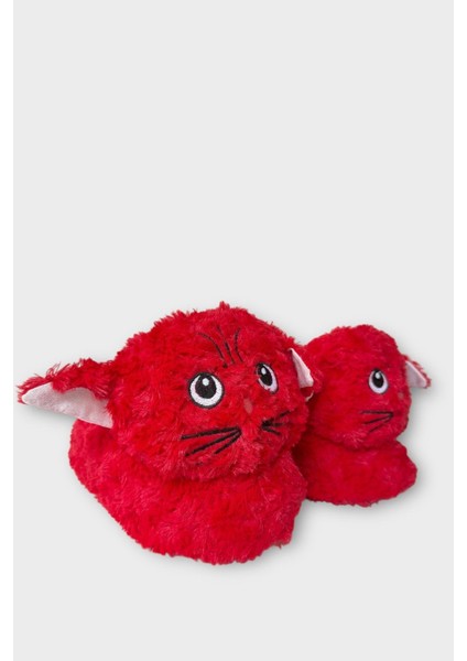 Kadın Sevimli Kedi Figürlü Peluş Panduf Kırmızı