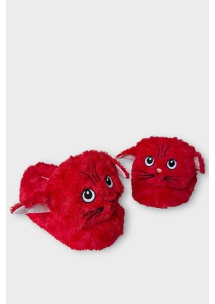 Kadın Sevimli Kedi Figürlü Peluş Panduf Kırmızı fiyatları