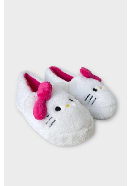 Kışlık Kadın Hellokitty Figürlü Kaydırmaz Taban Ev Ayakkabısı Panduf Beyaz - Pembe modelleri