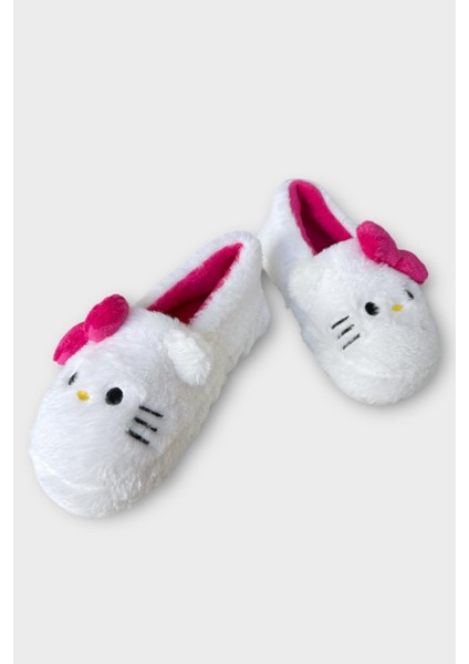 Kışlık Kadın Hellokitty Figürlü Kaydırmaz Taban Ev Ayakkabısı Panduf Beyaz - Pembe fırsatları