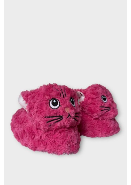 Kadın Sevimli Kedi Figürlü Peluş Panduf Fuşya