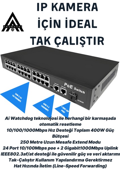 10324KE 24 Port Poe Switch | 400W | 2ge Gigabit Uplink +1sfp | 250M Extend Ip Kamera Uyumlu fiyatları