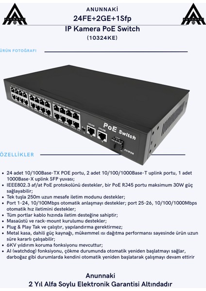 10324KE 24 Port Poe Switch | 400W | 2ge Gigabit Uplink +1sfp | 250M Extend Ip Kamera Uyumlu modelleri