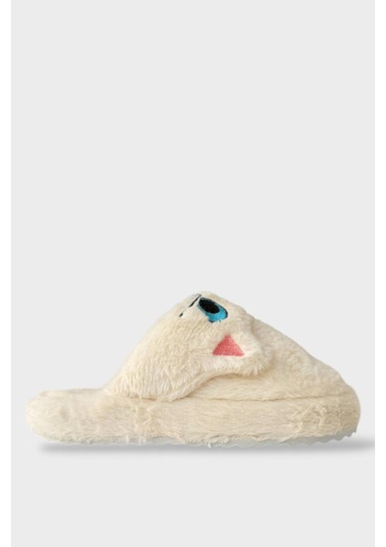 Kadın Kışlık Kedi Figürlü Kaydırmaz Taban Ev Terliği Panduf Beyaz