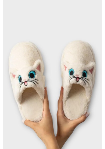Kadın Kışlık Kedi Figürlü Kaydırmaz Taban Ev Terliği Panduf Beyaz indirimleri