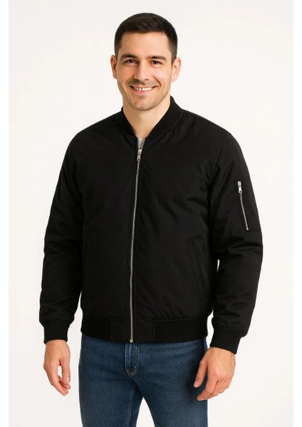 Erkek Içi Astarlı Fermuarlı Bomber Mont Ceket - Siyah indirimleri