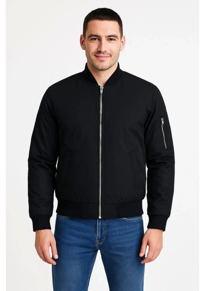 Erkek Içi Astarlı Fermuarlı Bomber Mont Ceket - Siyah
