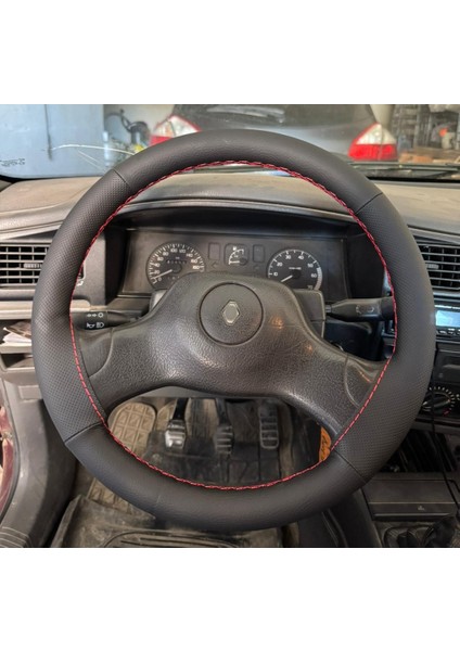 Dikişli Direksiyon Kılıfı Siyah Deri Noktalı Deri Kırmızı Dikişli Reno 19 Için