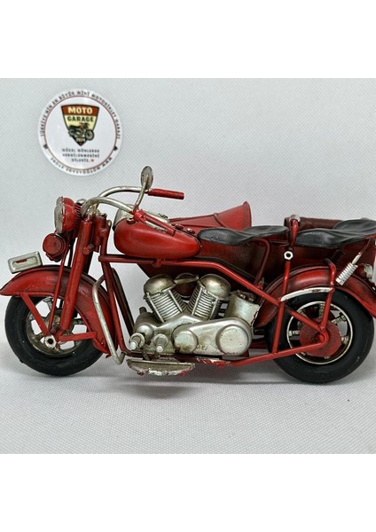 El Yapımı Dekoratif Yan Sepetli Kırmızı Motosiklet Model – Metal Biblo & Vintage Maket (18 Cm)