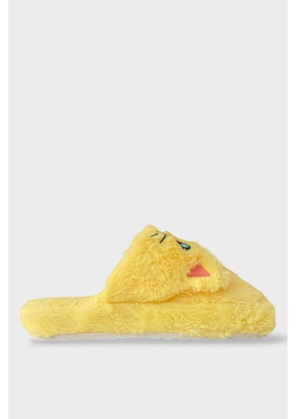 Kadın Kışlık Kedi Figürlü Kaydırmaz Taban Ev Terliği Panduf Sarı