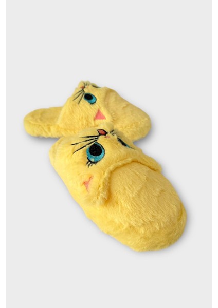 Kadın Kışlık Kedi Figürlü Kaydırmaz Taban Ev Terliği Panduf Sarı modelleri