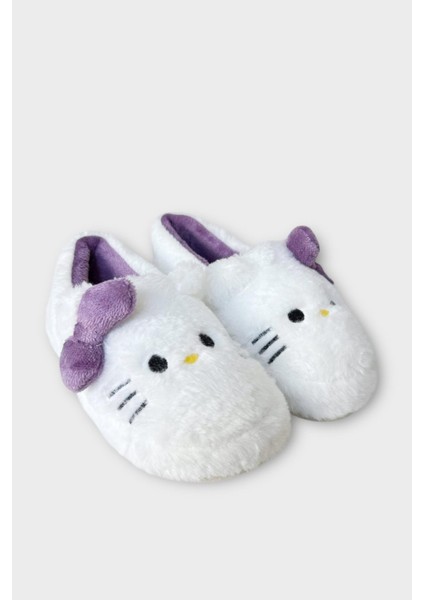 Kışlık Kadın Hellokitty Figürlü Kaydırmaz Taban Ev Ayakkabısı Panduf Beyaz - Mor modelleri