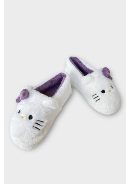 Kışlık Kadın Hellokitty Figürlü Kaydırmaz Taban Ev Ayakkabısı Panduf Beyaz - Mor fırsatları