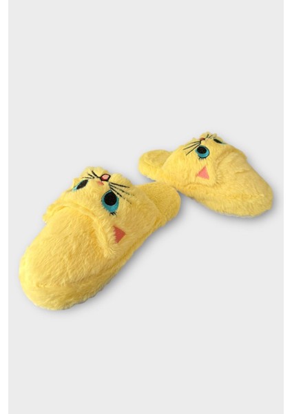 Kadın Kışlık Kedi Figürlü Kaydırmaz Taban Ev Terliği Panduf Sarı fırsatları