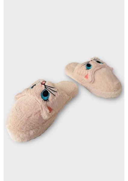 Kadın Kışlık Kedi Figürlü Kaydırmaz Taban Ev Terliği Panduf Pudra fırsatları