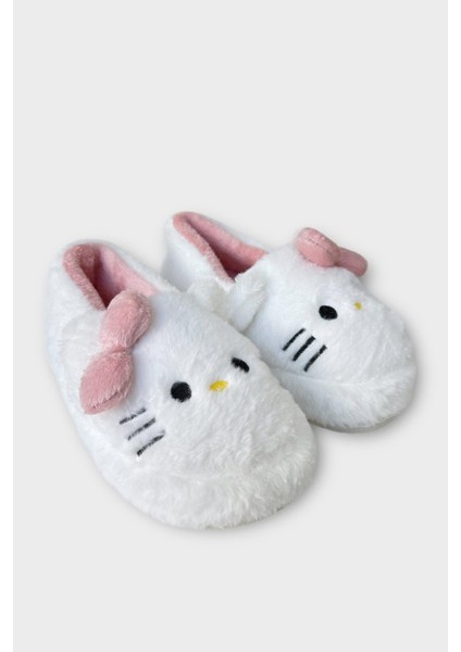 Kışlık Kadın Hellokitty Figürlü Kaydırmaz Taban Ev Ayakkabısı Panduf Beyaz - Pudra modelleri