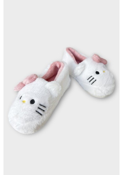 Kışlık Kadın Hellokitty Figürlü Kaydırmaz Taban Ev Ayakkabısı Panduf Beyaz - Pudra fırsatları