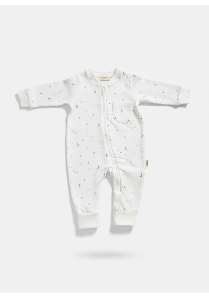 Unisex Bebek Pamuklu Ekru Gökyüzü Desenli Uzun Kollu Fermuarlı Tulum – Ay ve Yıldız Baskılı