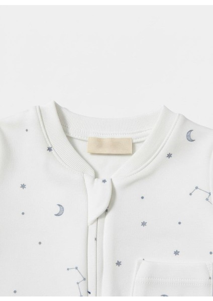Unisex Bebek Pamuklu Ekru Gökyüzü Desenli Uzun Kollu Fermuarlı Tulum – Ay ve Yıldız Baskılı fiyatları