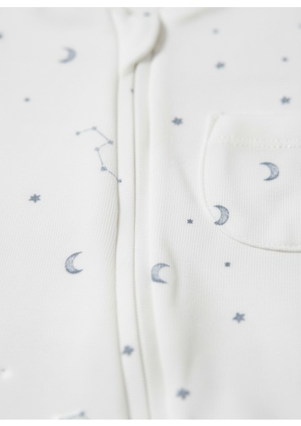 Unisex Bebek Pamuklu Ekru Gökyüzü Desenli Uzun Kollu Fermuarlı Tulum – Ay ve Yıldız Baskılı modelleri