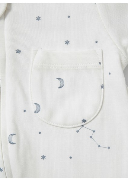 Unisex Bebek Pamuklu Ekru Gökyüzü Desenli Uzun Kollu Fermuarlı Tulum – Ay ve Yıldız Baskılı fırsatları
