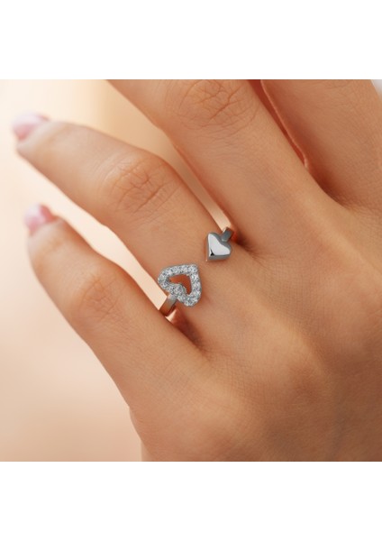 925 Ayar Radyum Kaplama Zirkon Taşlı Çift Kalpli Gümüş Yüzük fiyatları