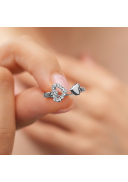 925 Ayar Radyum Kaplama Zirkon Taşlı Çift Kalpli Gümüş Yüzük modelleri