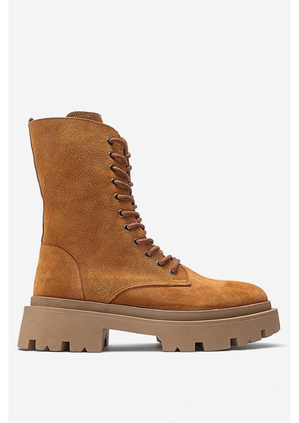 Kadın Kalın Taban Bot Gerçek Nubuk Deri Zy 1558 Süet Taba