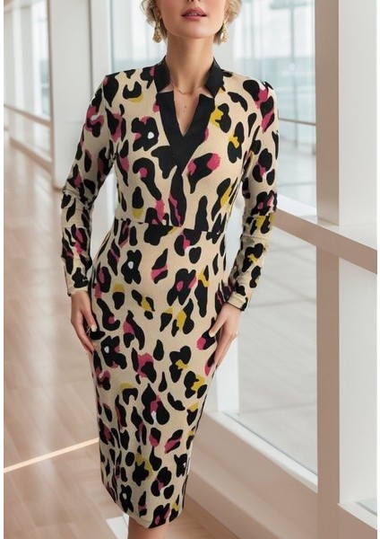 Kadın Uzun Kollu V Yaka Puantiyeli Krep Midi Boy Elbise indirimleri