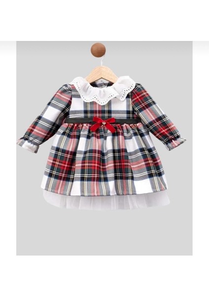Kız Bebek Ekose Desenli Dantel Yakalı Pamuklu Elbise 6-9-12-18-24 Ay