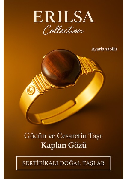 Sertifikalı Kalın Tımbıl Gold Model Kahverengi Kaplan Gözü Taşı Yüzük - Ayarlamalı