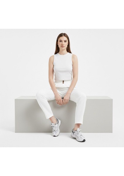 Regular Kalıp Beli Lastikli Kumaş Pantolon Beyaz