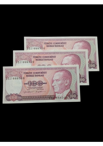 7. Emisyon 3 Adet Sıralı 100 Türk Lirası Kağıt Koleksiyon Para . Numismatik, Antikalar, Hobi Hediye