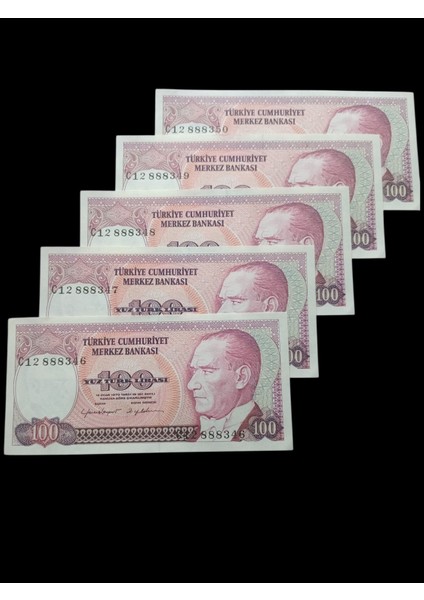 7. Emisyon 5 Adet Sıralı 100 Türk Lirası Kağıt Koleksiyon Para . Numismatik, Antikalar, Hobi Hediye