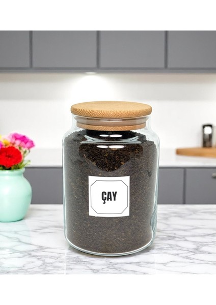 Ahşap Vakum Kapaklı Cam Saklama Kavanozu 800 ml Çay Etiketi Hediyeli