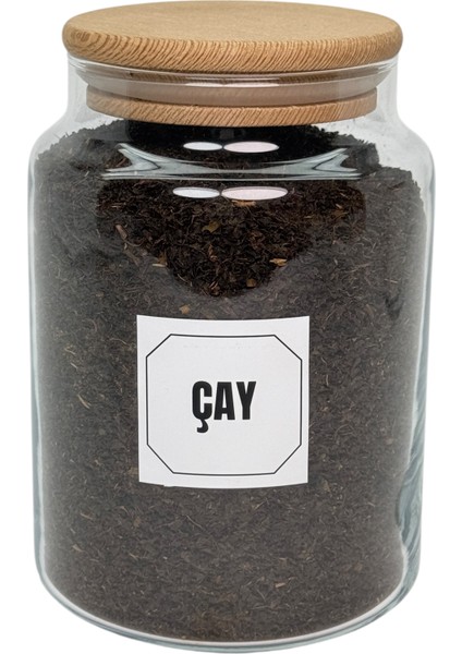 Ahşap Vakum Kapaklı Cam Saklama Kavanozu 800 ml Çay Etiketi Hediyeli