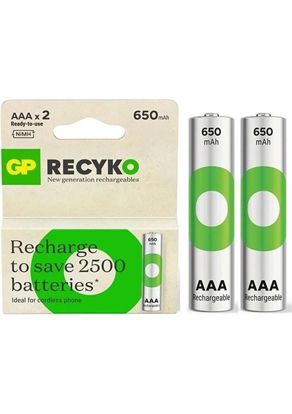 Gp Recyko 650 Mah R03 Aaa Şarjlı 2'li Ince Kalem Pil