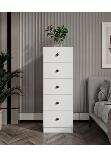 %100 Mdf 5 Çekmece Şifonyer Soft Beyaz Teleskopik Ray Kurulum Animasyonu 132X45X40 cm