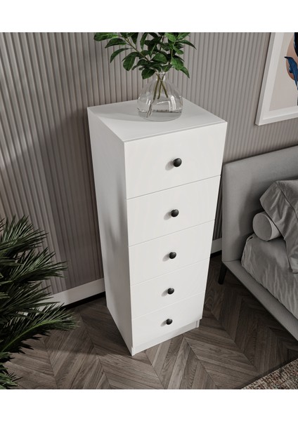 %100 Mdf 5 Çekmece Şifonyer Soft Beyaz Teleskopik Ray Kurulum Animasyonu 132X45X40 cm modelleri