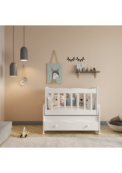 Çekmeceli Sallanır Anne Yanı Ahşap Bebek Beşiği Beyaz fırsatları