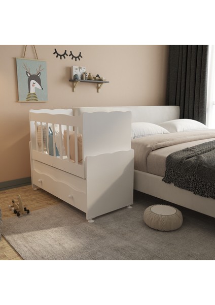 Çekmeceli Sallanır Anne Yanı Ahşap Bebek Beşiği Beyaz indirimleri