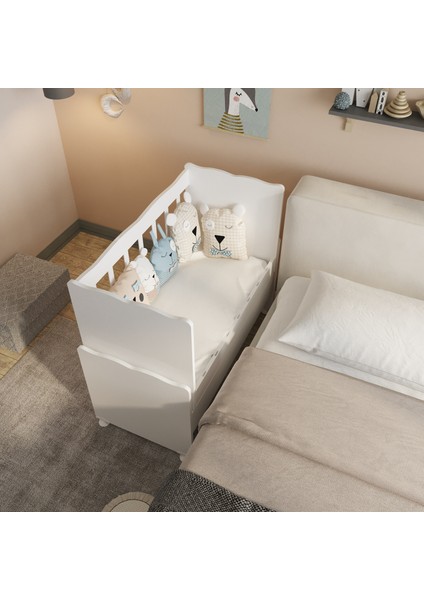 Çekmeceli Sallanır Anne Yanı Ahşap Bebek Beşiği Beyaz