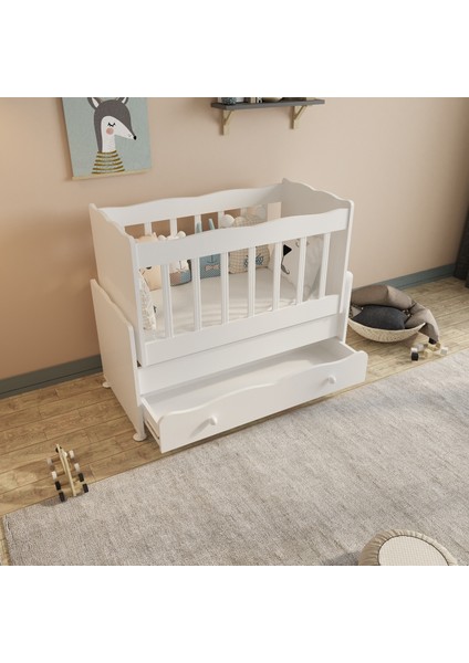 Çekmeceli Sallanır Anne Yanı Ahşap Bebek Beşiği Beyaz
