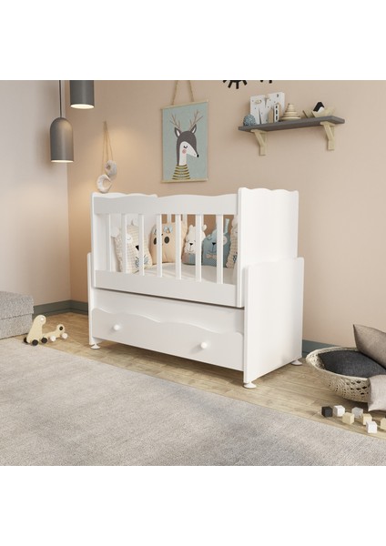 Çekmeceli Sallanır Anne Yanı Ahşap Bebek Beşiği Beyaz modelleri