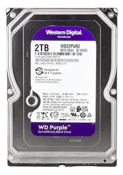 Western Digital Purple WD22PURZ 2 Tb Sata 6gb/s 7-24 Güvenlik Harddisk