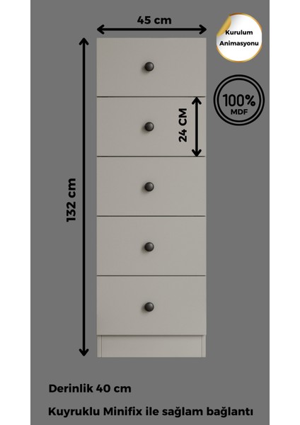 %100 Mdf 5 Çekmece Şifonyer Gri Teleskopik Ray Kurulum Animasyonu 132X45X40 cm