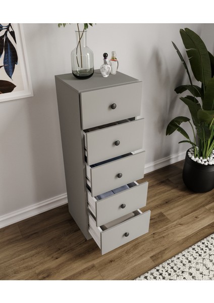 %100 Mdf 5 Çekmece Şifonyer Gri Teleskopik Ray Kurulum Animasyonu 132X45X40 cm indirimleri