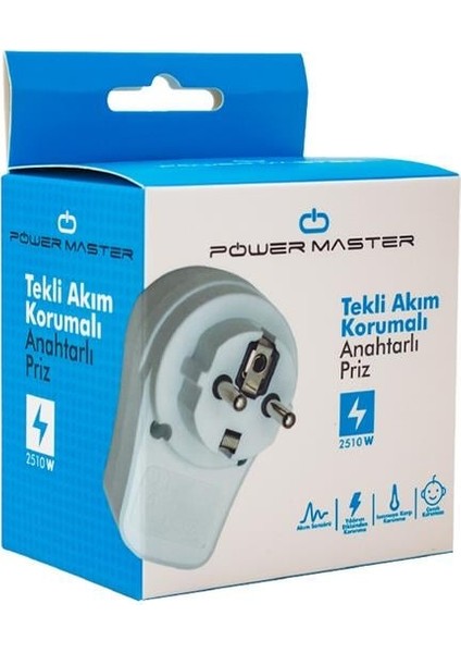 Powermaster PM-16816 Anahtarlı Akım Korumalı Tekli Priz 10 Amper - 2510 Watt Tekli Beyaz modelleri